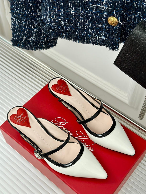 Mary Jane Virgule Mules 55 Nero Bianco Pelle Verniciata