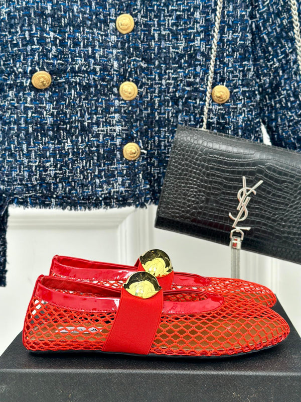 ALAIA MARY JANE SHOES IN CHERRY RED MESH WITH GOLD HARDWARE