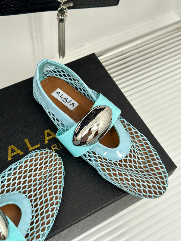 ALAIA MARY JANE SHOES IN SKY BLUE MESH WITH SILVER HARDWARE