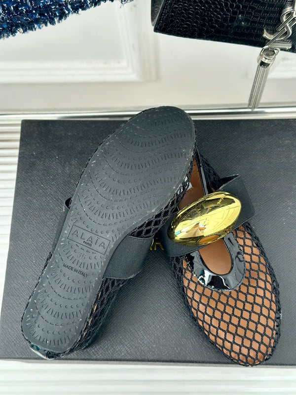 ballet flat jewel fishnet black lambskin