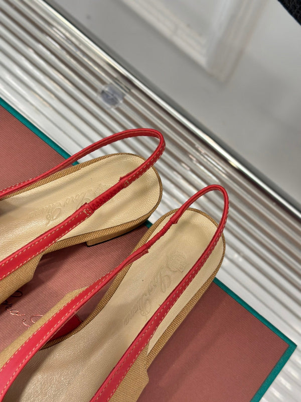 LP Rebecca Slingbacks In Mustard Brown Mix Red Cotton Fabric And Lambskin 989414