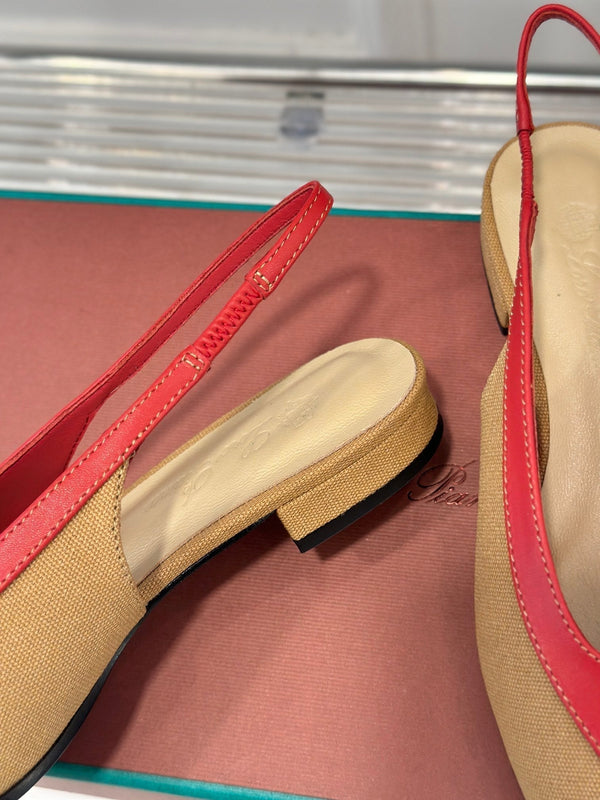 LP Rebecca Slingbacks In Mustard Brown Mix Red Cotton Fabric And Lambskin 989414