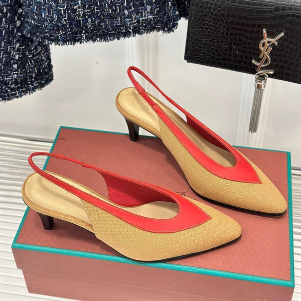 LP Rebecca Slingbacks In Mustard Brown Mix Red Cotton Fabric And Lambskin 989419