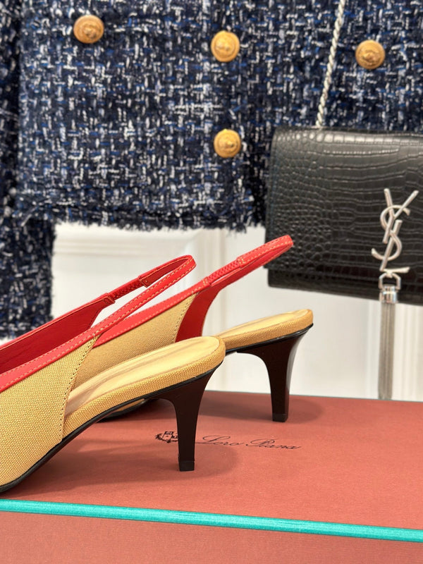 LP Rebecca Slingbacks In Mustard Brown Mix Red Cotton Fabric And Lambskin 989419