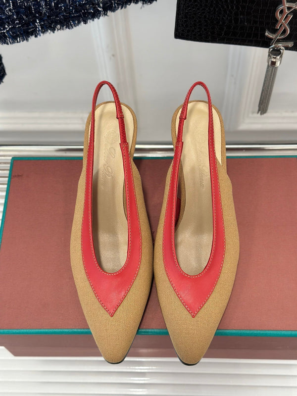 LP Rebecca Slingbacks In Mustard Brown Mix Red Cotton Fabric And Lambskin 989419