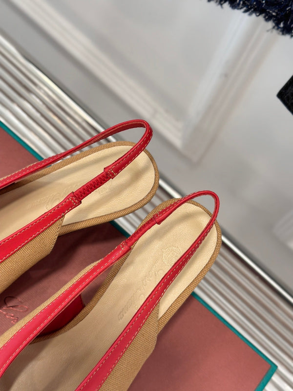 LP Rebecca Slingbacks In Mustard Brown Mix Red Cotton Fabric And Lambskin 989419