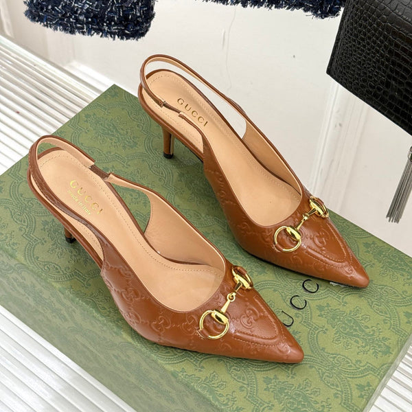 GG Horsebit Slingback 85MM Brown GG Leather Point Toe