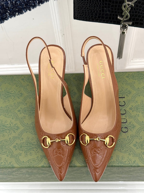GG Horsebit Slingback 85MM Brown GG Leather Point Toe