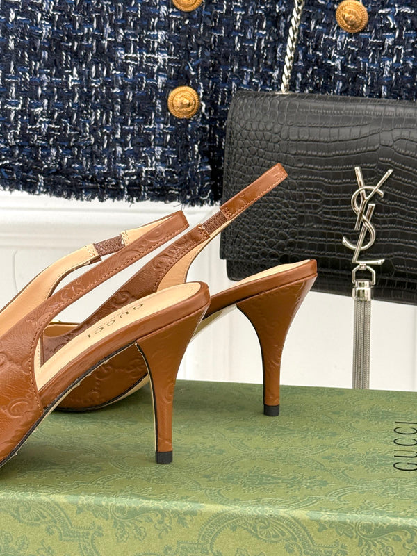 GG Horsebit Slingback 85MM Brown GG Leather Point Toe