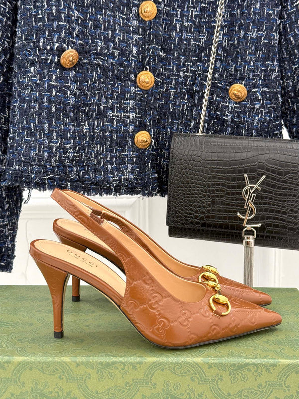 GG Horsebit Slingback 85MM Brown GG Leather Point Toe