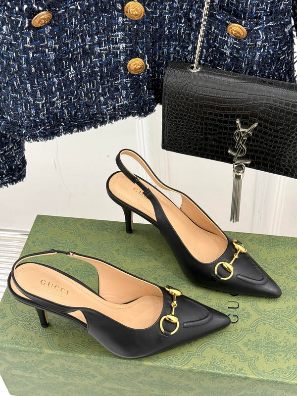 GG Horsebit Slingback 85MM Black Leather Point Toe
