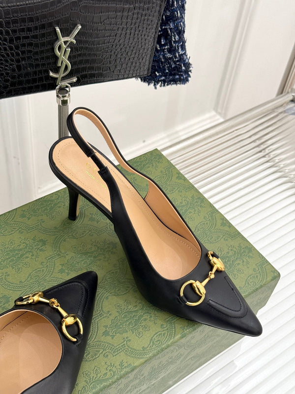 GG Horsebit Slingback 85MM Black Leather Point Toe