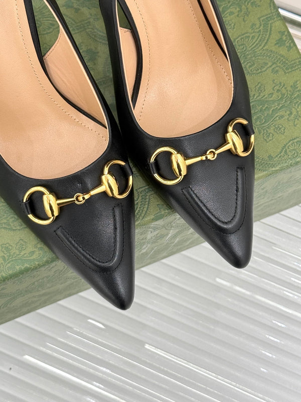GG Horsebit Slingback 85MM Black Leather Point Toe