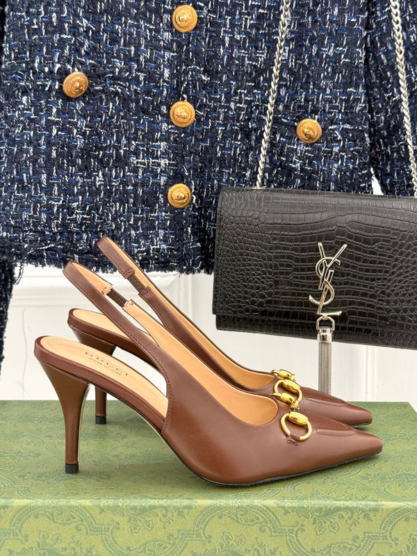 GG Horsebit Slingback 85MM Brown Leather Point Toe