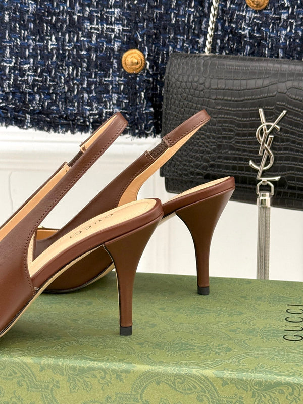 GG Horsebit Slingback 85MM Brown Leather Point Toe