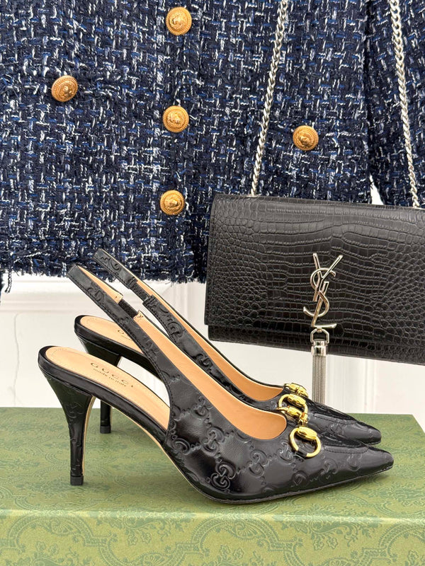 GG Horsebit Slingback 100MM Black GG Leather Point Toe