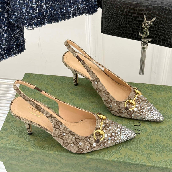 GG Horsebit Slingback 85MM Beige Ebony Monogram Canvas Point Toe Crystal-Embellished
