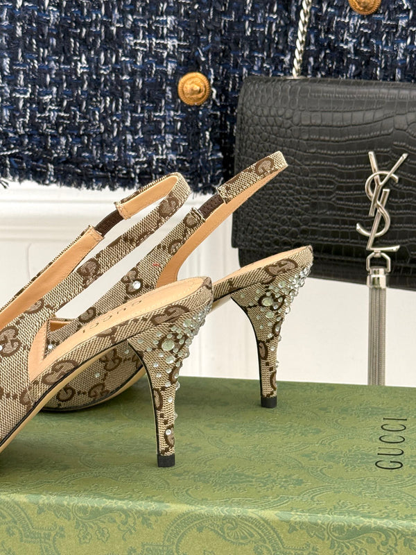 GG Horsebit Slingback 85MM Beige Ebony Monogram Canvas Point Toe Crystal-Embellished
