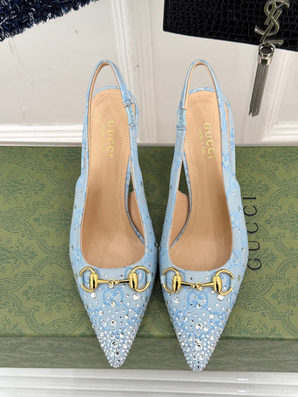 GG Horsebit Slingback 85MM Beige Cloud Blue Monogram Canvas Point Toe Crystal-Embellished
