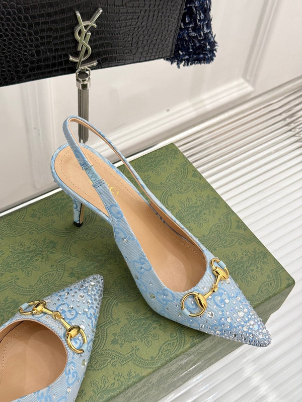 GG Horsebit Slingback 85MM Beige Cloud Blue Monogram Canvas Point Toe Crystal-Embellished