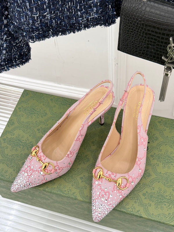 GG Horsebit Slingback 100MM Beige Pink Monogram Canvas Point Toe Crystal-Embellished