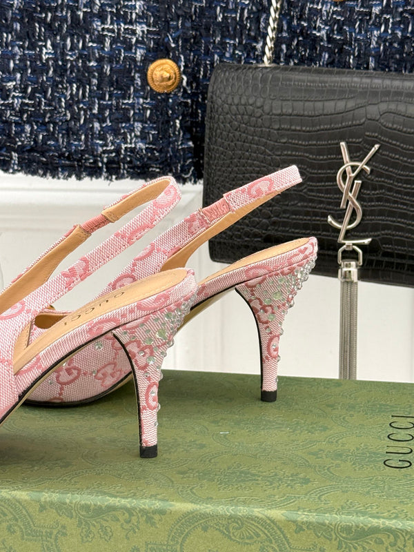 GG Horsebit Slingback 100MM Beige Pink Monogram Canvas Point Toe Crystal-Embellished