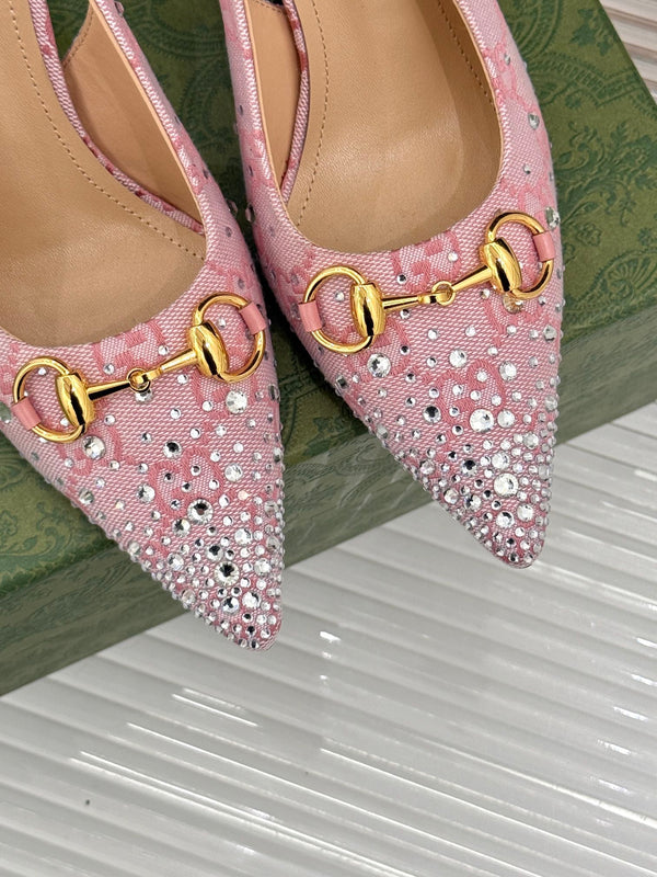 GG Horsebit Slingback 100MM Beige Pink Monogram Canvas Point Toe Crystal-Embellished
