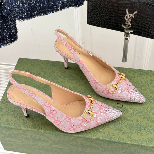 GG Horsebit Slingback 100MM Beige Pink Monogram Canvas Point Toe Crystal-Embellished