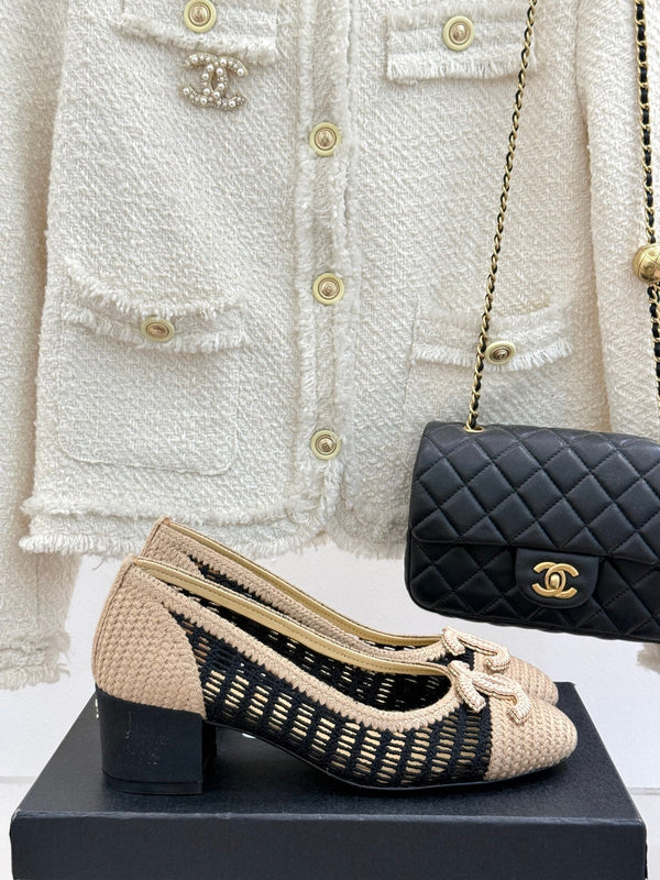 CC 25P Hollow Double C Ballet Flats 50mm Beige Black Raffia 265636