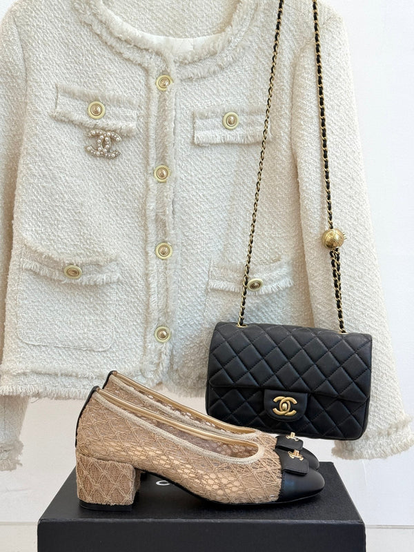 Chanel 25 Ballet Flat 50mm Beige Black Woven Lambskin 473050