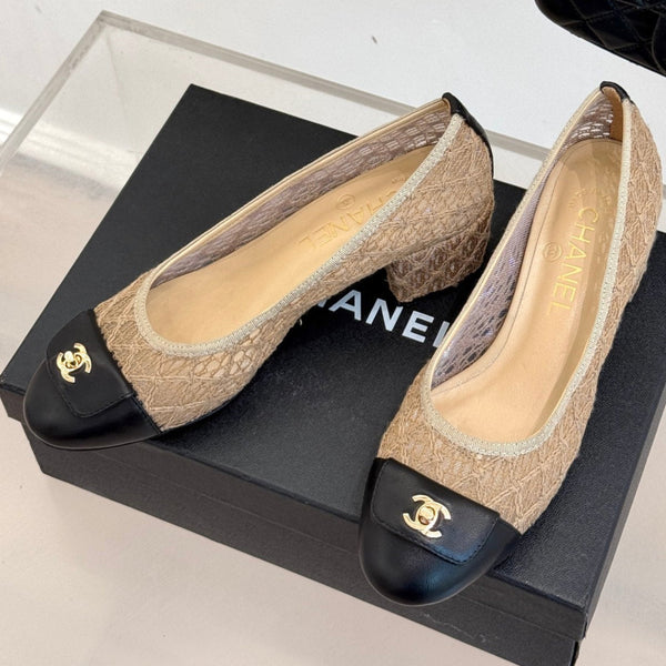 Chanel 25 Ballet Flat 50mm Beige Black Woven Lambskin 473050