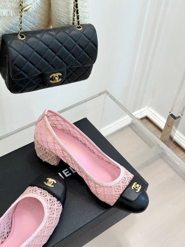 Chanel 25 Ballet Flat 50mm Pink Black Woven Lambskin 473052