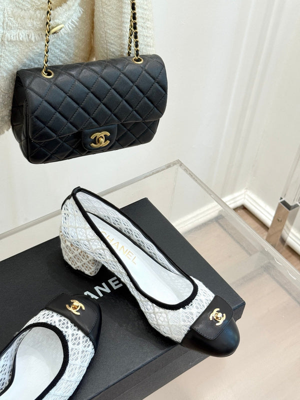 Chanel 25 Ballet Flat 50mm White Black Woven Lambskin 473053