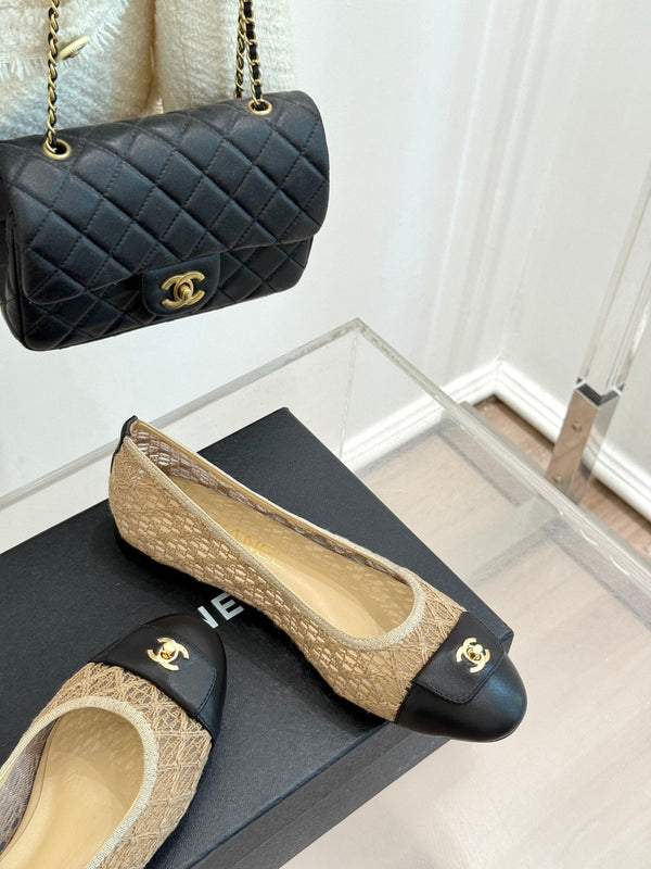 Chanel 25 Ballet Flat Beige Black Woven Lambskin 473056