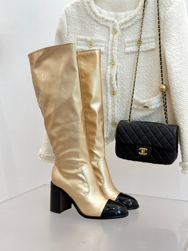 CC Classic Long Boots Block Heel 90mm Gold Metalic Calfskin 465393