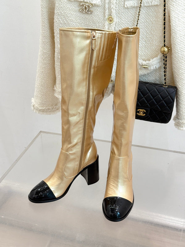 CC Classic Long Boots Block Heel 90mm Gold Metalic Calfskin 465393