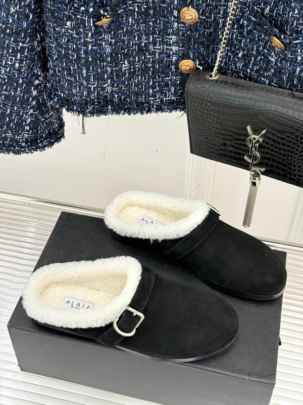 Alaia 25WF slippers belt buckle black suede wool 472226