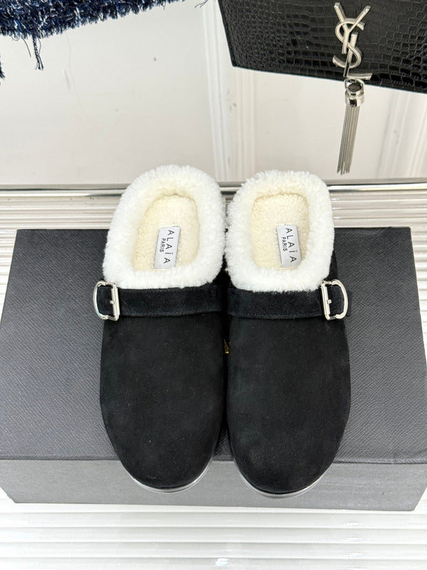 Alaia 25WF slippers belt buckle black suede wool 472226