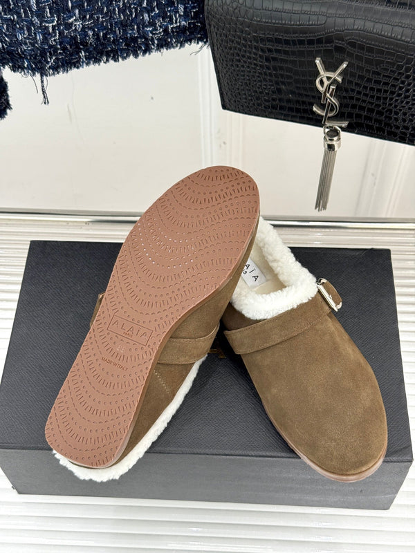 Alaia 25WF slippers belt buckle khaki brown suede wool 472227