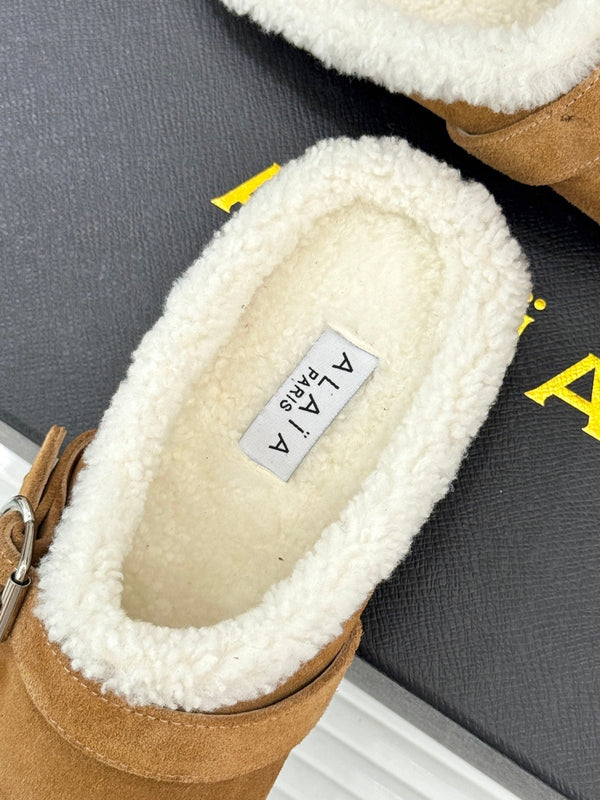 Alaia 25WF slippers belt buckle caramel brown suede wool 472229