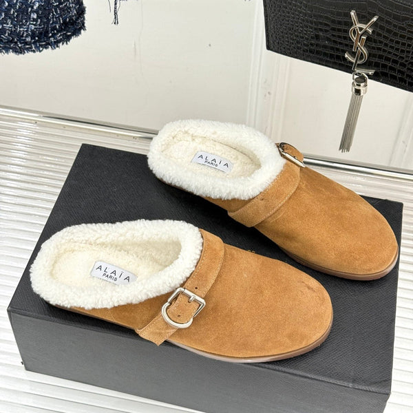 Alaia 25WF slippers belt buckle caramel brown suede wool 472229