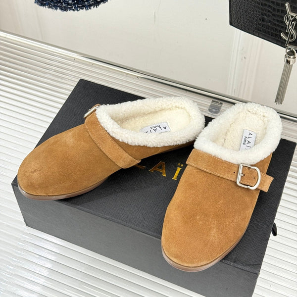 Alaia 25WF slippers belt buckle caramel brown suede wool 472229
