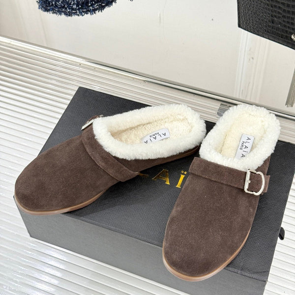 Alaia 25WF slippers belt buckle chocolate brown suede wool 472231