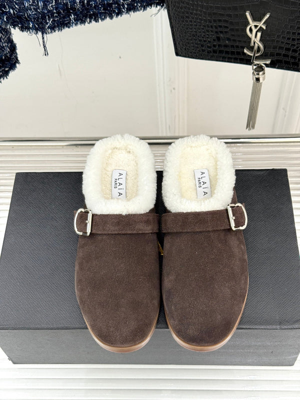 Alaia 25WF slippers belt buckle chocolate brown suede wool 472231