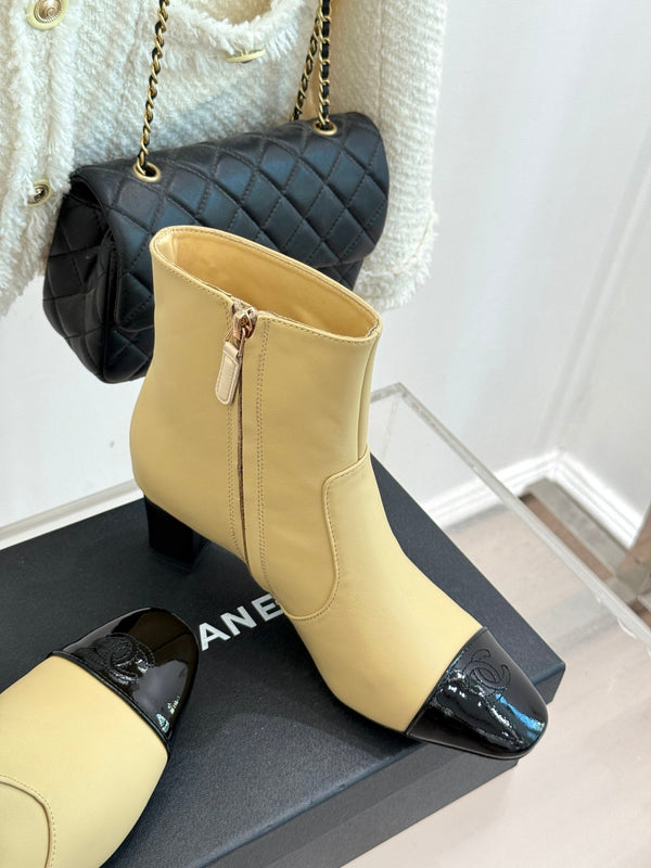 Chanel Double C Colorblock Heel Boot Beige Sheepskin 465414