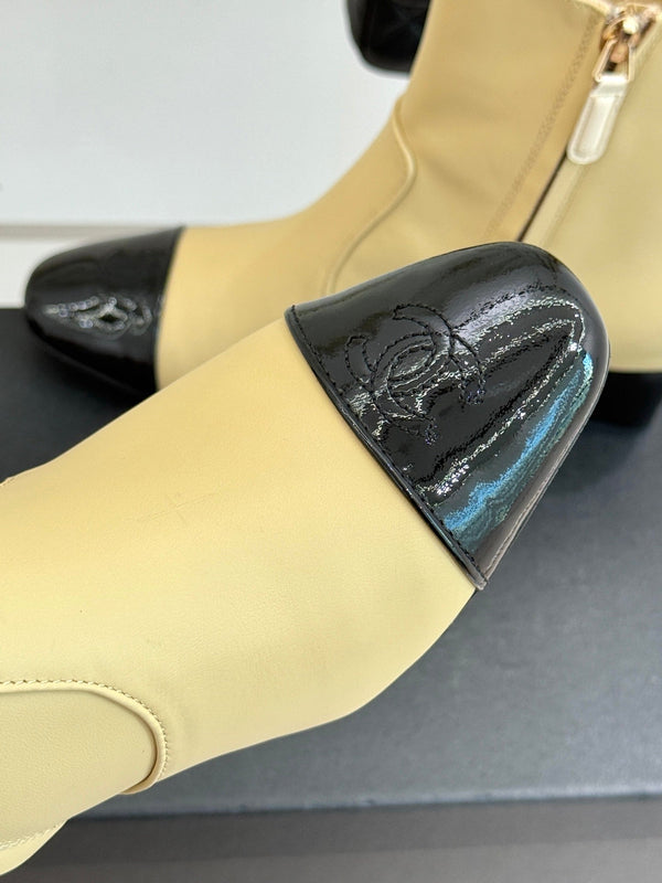 Chanel Double C Colorblock Heel Boot Beige Sheepskin 465414