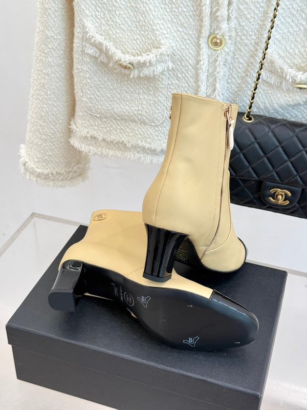 Chanel Double C Colorblock Heel Boot Beige Sheepskin 465414