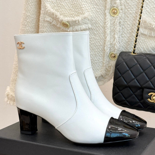 Chanel Double C Colorblock Heel Boot White Sheepskin 465415