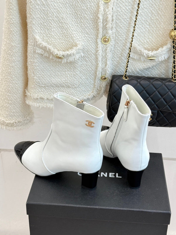 Chanel Double C Colorblock Heel Boot White Sheepskin 465415