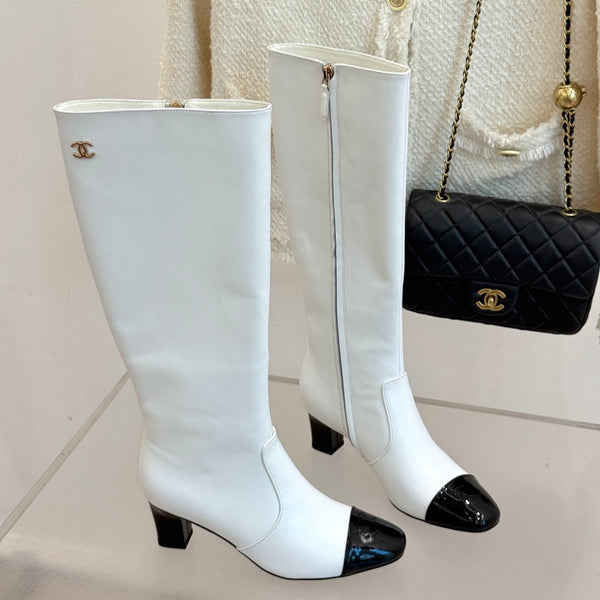 Chanel Double C Colorblock Heel Long Boot Black Sheepskin 465417